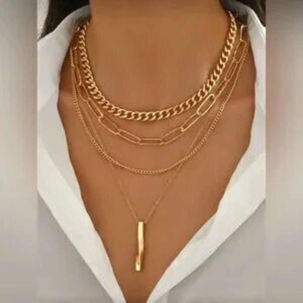 Gold Tone Layered Chain Necklace Set 4PC Cuban Paperclip Pendant Stack Dainty